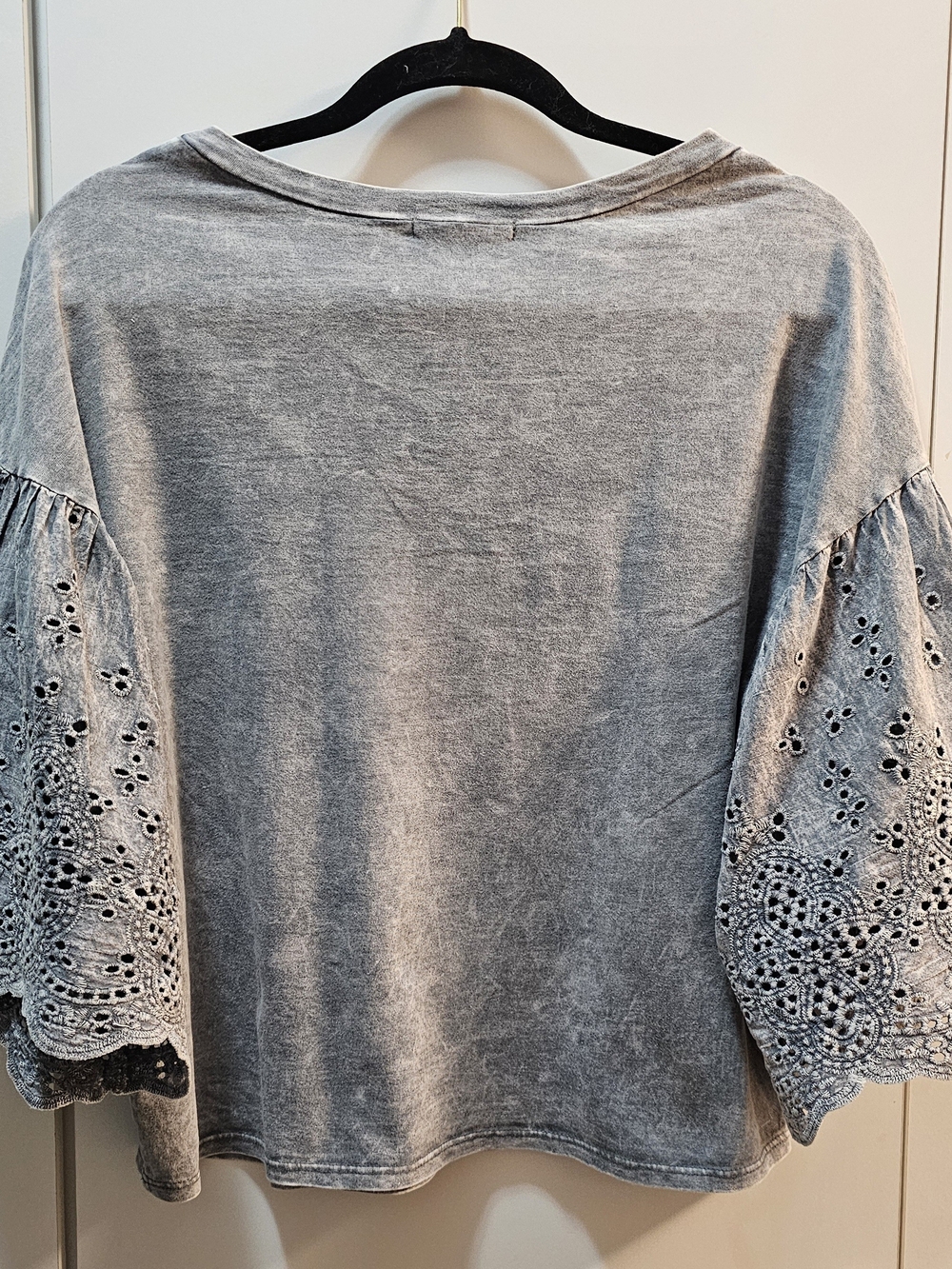 Washed Gray Eyelet-Sleeve Women's Top - Picture 2 of 4